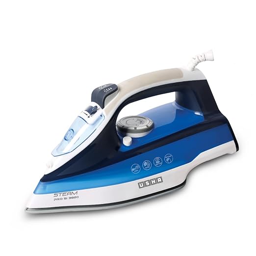 Usha Steam Pro SI 3820 Steam Iron 2000 W with Easy-Glide Durable Ceramic Soleplate, Powerful Steam Output from 73 Steam Vents, 280 ml Water Tank (Blue)