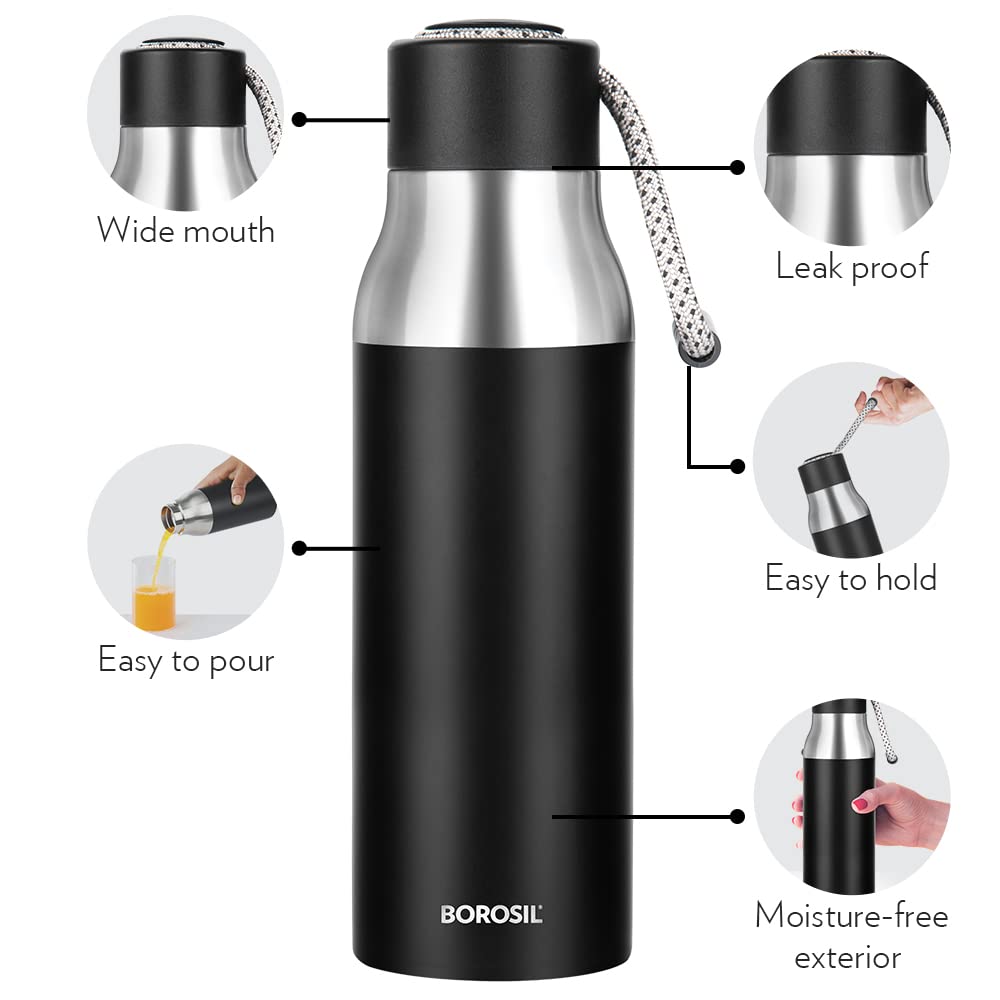 Aquasoul 600ML Black Hot & Cold Stainless Steel Bottle | Double Wall Vacuum Insulated, 12 Hrs Temp Retention | BT600BK125