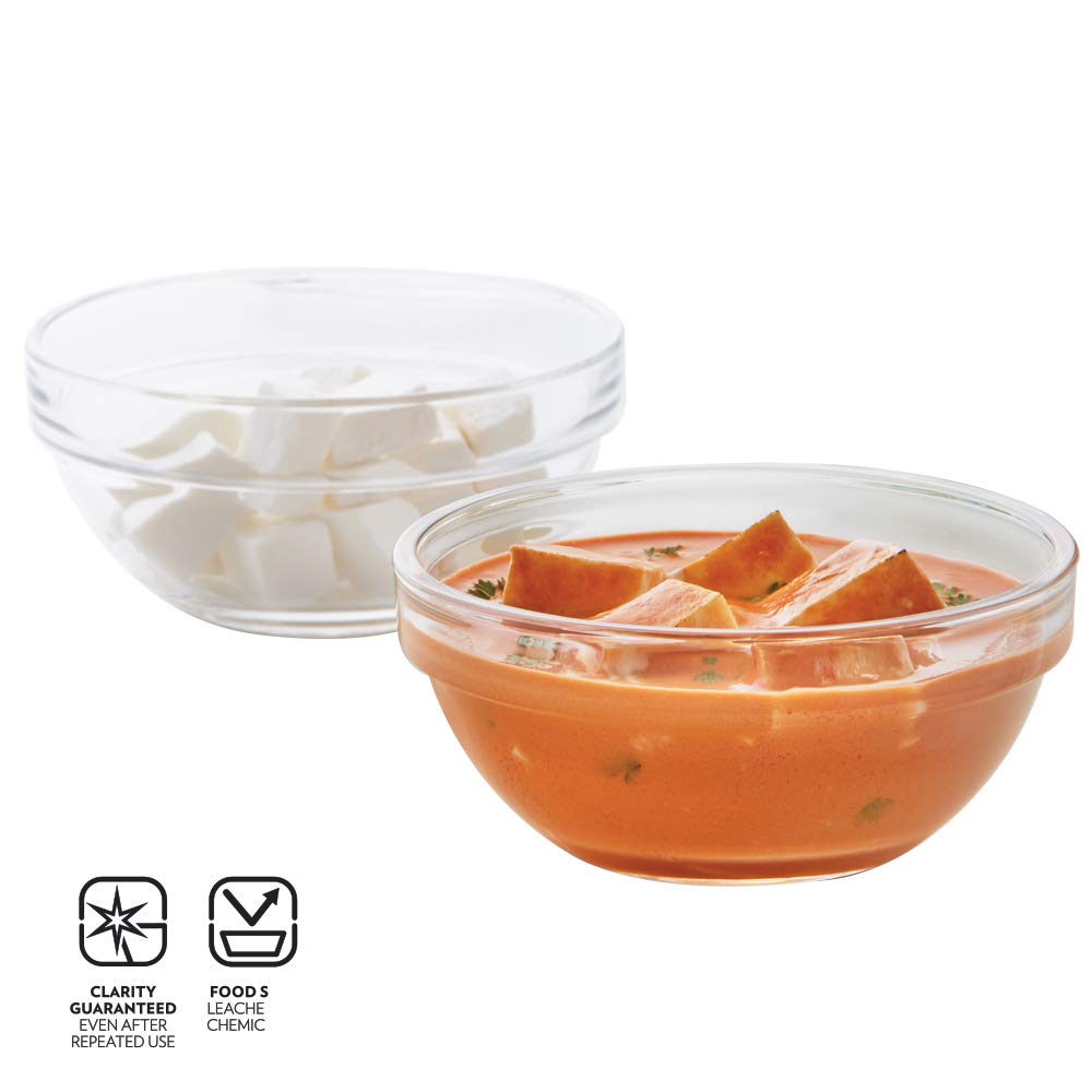 Borosil 245ml 6pc Stackable Serving Katorie Set | Borosilicate Glass Bowl for Kitchen & Dinning | Kattori Bowl for Serving Dips, Chutney, Herbs, Sauce, Ketchup | Microwave & Dishwasher Safe