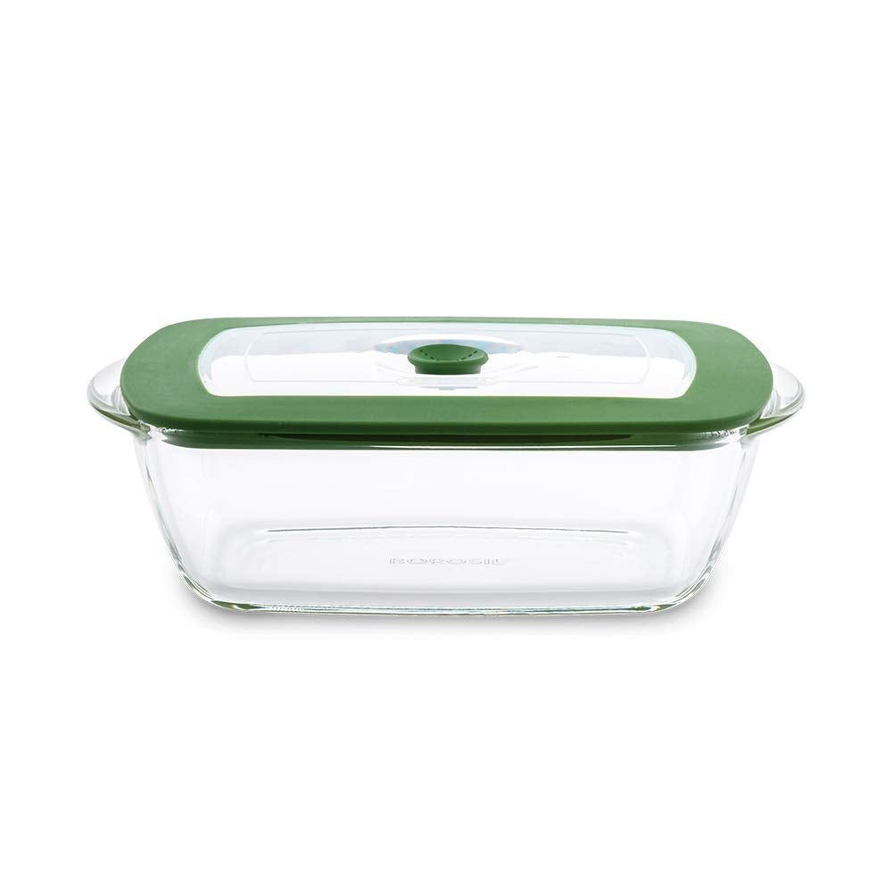 Borosil Rectangular Dish w Green Lid Oven, Micro, Fridge Safe 2.6L
