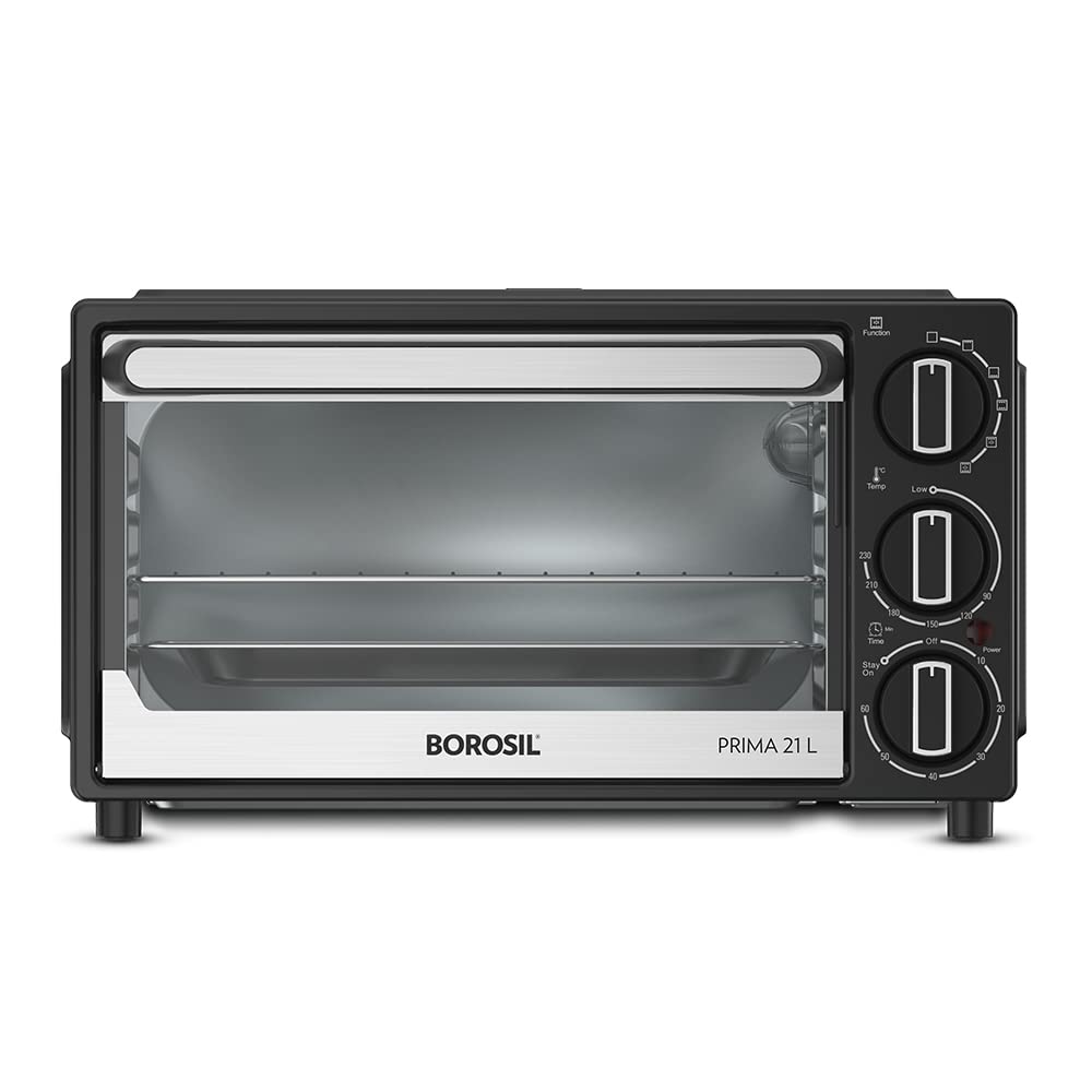 Borosil Prima 21 liter Oven Toaster & Grill, With Convection Heating, 5 Heating Modes, Heat Efficient Low E-Glass, Black, 1300 Watts
