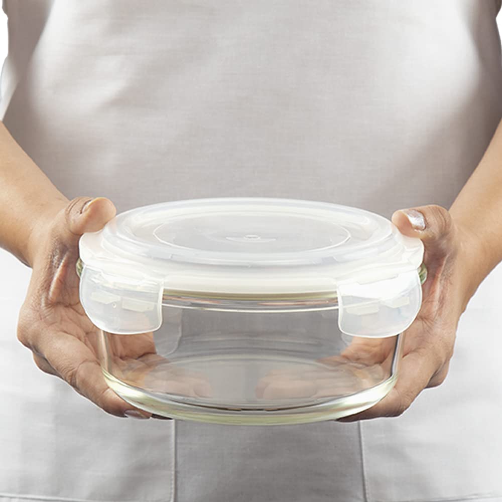 Borosil Klip-N-Store Set of 3 Microwave & Oven Safe Gift Set, Glass Storage Container, 400ml, 620ml & 950ml Round, with Air Tight Lid (Transparent)