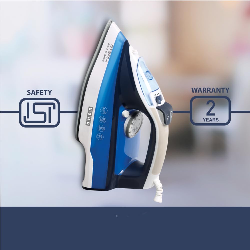 Usha Steam Pro SI 3820 Steam Iron 2000 W with Easy-Glide Durable Ceramic Soleplate, Powerful Steam Output from 73 Steam Vents, 280 ml Water Tank (Blue)