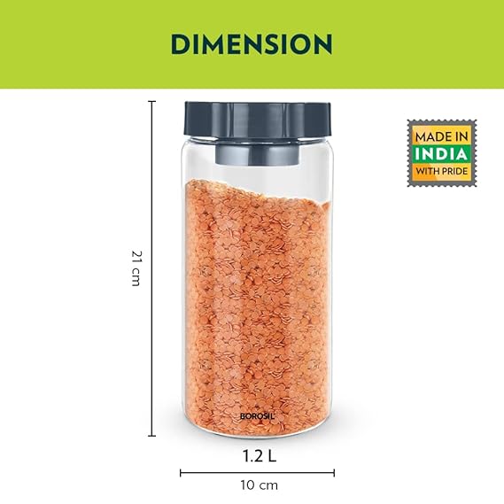 Borosil 1.2L Easyscoop Endura Glass Jar with PP Lid | Made in India Borosilicate Glass Storage Organiser | Microwave & Dishwasher Safe Kitchen Containers for Spices, Snacks, Grains, Dals | Transparent