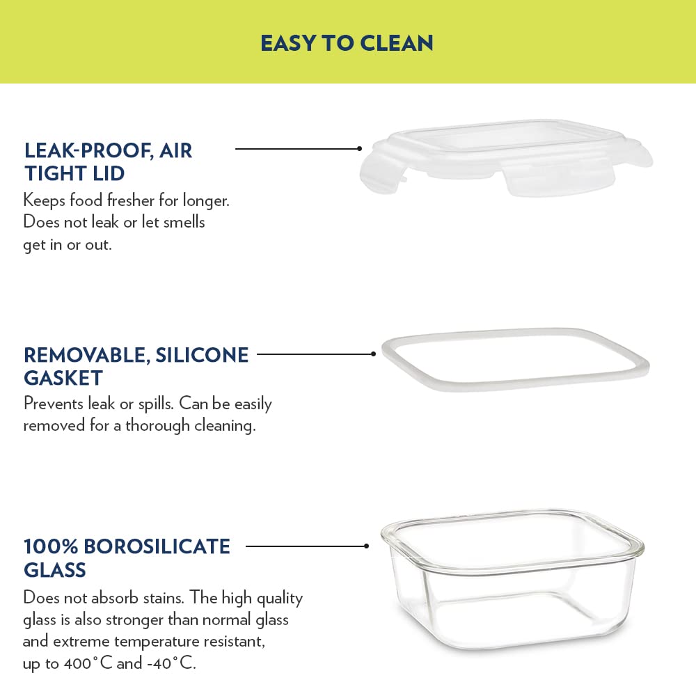 Borosil Foodluck Olive Universal Lunchbox | 4pc Set (320ml x 2 Square + 240ml x 2 Round) | Made in India Borosilicate Glass Tiffin | Microwave & Dishwasher Safe Lunch Box for Office, College & School