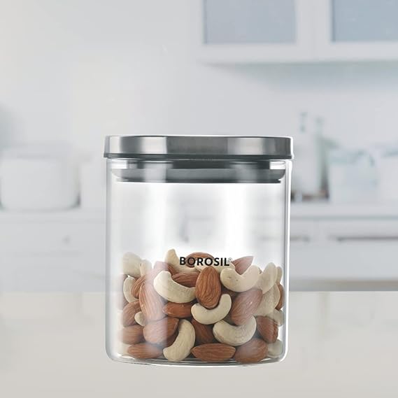 Borosil Classic Glass Jar with Wooden Tray, Air-Tight Storage Container For Kitchen, Glass Jar For Storing Spices, Snacks, Grains, Dals, Set of 3 (600 ml each) with Wooden Tray, Clear