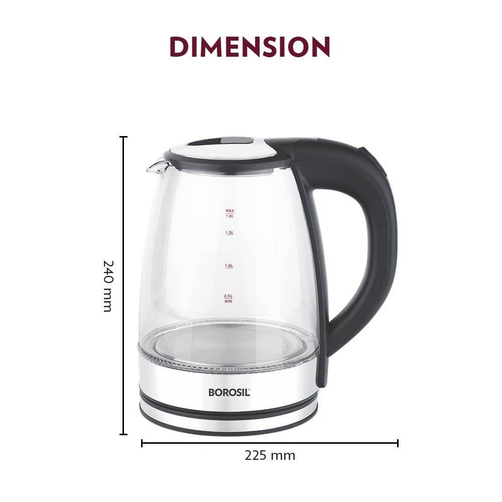 Electric Glass Kettle, Borosilicate Glass, Extra Long Cord, Dry-boil Protection, 360° Rotating Base, 1.8 L, Transparent