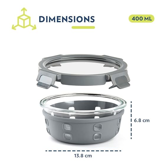 Borosil Klip N Store Plus 400 ml Round Glass Food Storage Container with Air Tight Glass Lid | Borosilicate Glass Container for Lunchbox | Microwave & Dishwasher Safe | Transparent