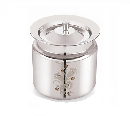 Mukti Stainless Steel Food Storage Jars & Containers|Ghee, Oil, Pickle Pot|Serving & Storing|Vintage Flora Ghee Pot with Spoon & Lid|250ml x 1