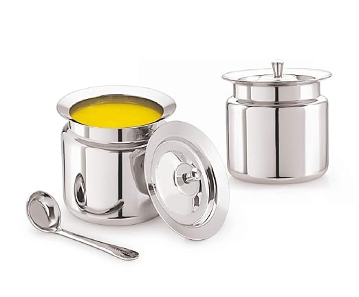 Mukti Stainless Steel Food Storage Jars & Containers|Ghee, Oil, Pickle Pot|Serving & Storing|Vintage Ghee Pot with Spoon & Lid|350ml x 1