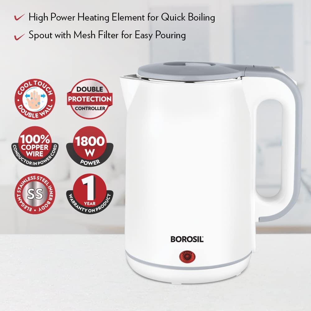 Cooltouch Electric Kettle, Stainless Steel Inner Body, Boil Water For Tea, Coffee, Soup, Silver, 1800 Watts, 1.8 Liter