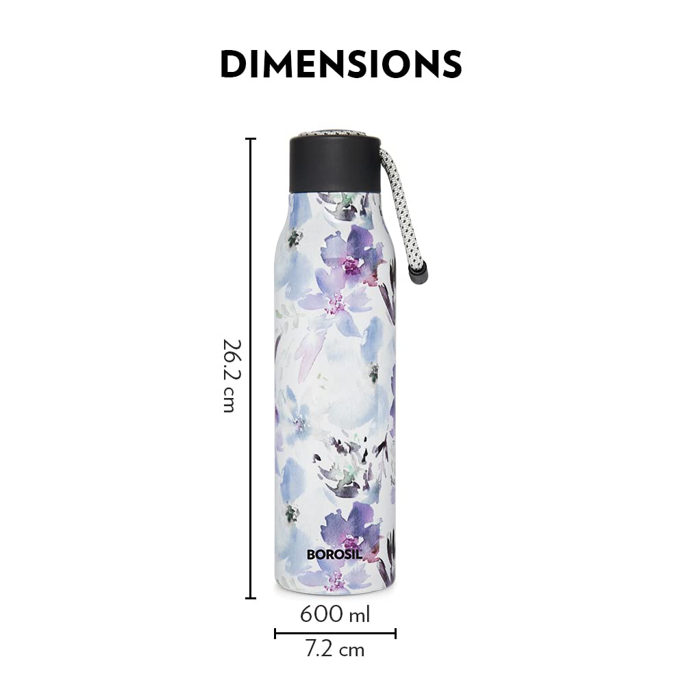 Aquasoul Flora 600ML Hot & Cold Stainless Steel Bottle | Double Wall Vacuum Insulated, 12 Hrs Temp Retention | BO600LRO2