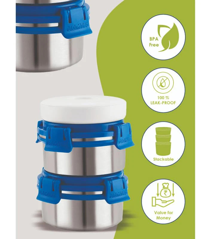 Aura 2 Deluxe Stainless Steel Lunch Box with Insulated Cover | Airtight & Leakproof Design | Blue Lunch Box for Kids & Office Men and Women