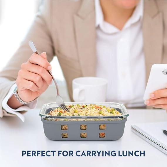 Borosil Klip N Store Plus 640 ml Rectangle Glass Food Storage Container with Air Tight Glass Lid | Borosilicate Glass Container for Lunchbox | Microwave & Dishwasher Safe | Transparent