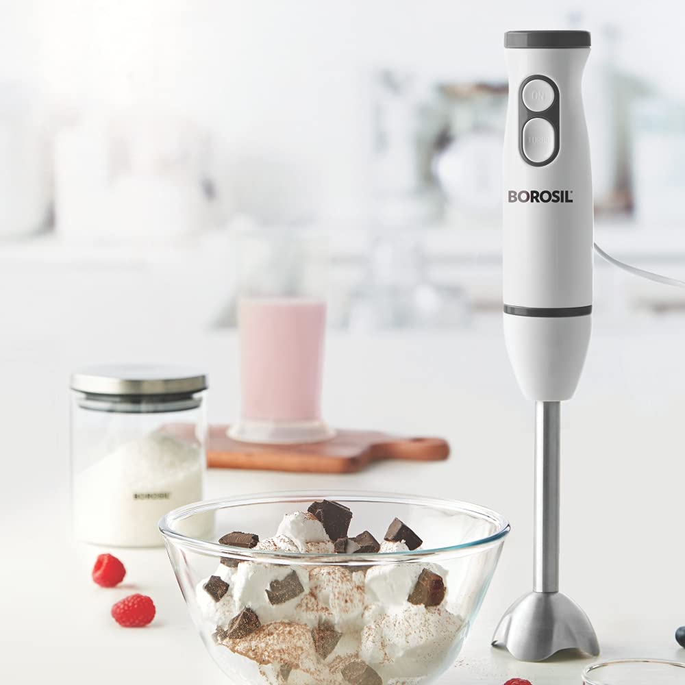 Borosil Masterblend Hand Blender, Electric Hand Blender, Dual Speed Options, Stainless Steel Blades, For Blending & Pureeing, 500 W, White