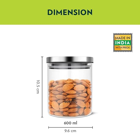 Borosil Classic Glass Jar, Air-Tight Storage Container For Kitchen, Glass Jar For Storing Spices, 600 ml, Clear
