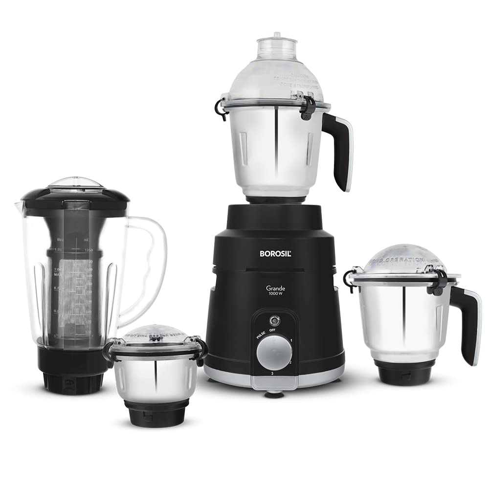 Grande 1000 W Mixer Grinder, With Double Ball Bearings, 4 Jars (3 SS Jars (1.5 L Blending Jar, 1.2 L Dry/Wet Grinder, 400 ml Chutney Jar) & 1 PC Jar with Fruit Filter) Mixie For Kitchen