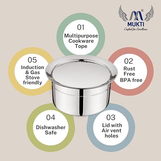 Mukti Stainless Steel Food Storage & Cooking|Air-Vent Holes on lid|Tope & Pans|Tea Pan|Curry, Gravy, Biryani Pan|Pots, Patilas, Kadhai & Topes|Curry & Coffee Pan with Lid|1700ml x 1pc