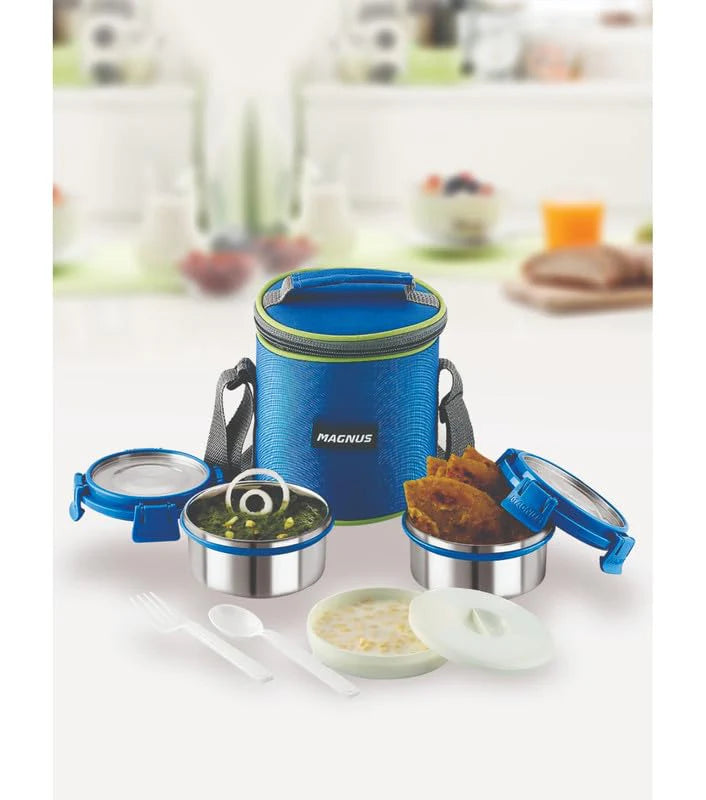 Aura 2 Deluxe Stainless Steel Lunch Box with Insulated Cover | Airtight & Leakproof Design | Blue Lunch Box for Kids & Office Men and Women