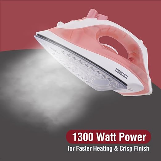 Usha SI 3813 C 1300W Steam Iron with Ceramic Coated Sole Plate, Self Cleaning, 180ml Water Tank, 360° Swivel Cord, Spray & Steam Burst Function Pink