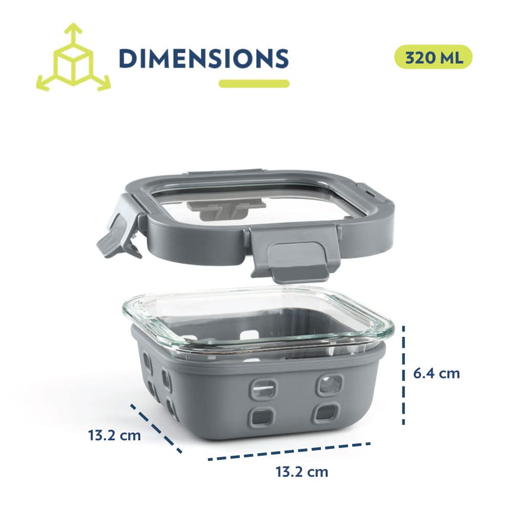 Borosil Klip N Store Plus 320 ml Square Glass Food Storage Container with Air Tight Glass Lid | Borosilicate Glass Container for Lunchbox | Microwave & Dishwasher Safe | Transparent