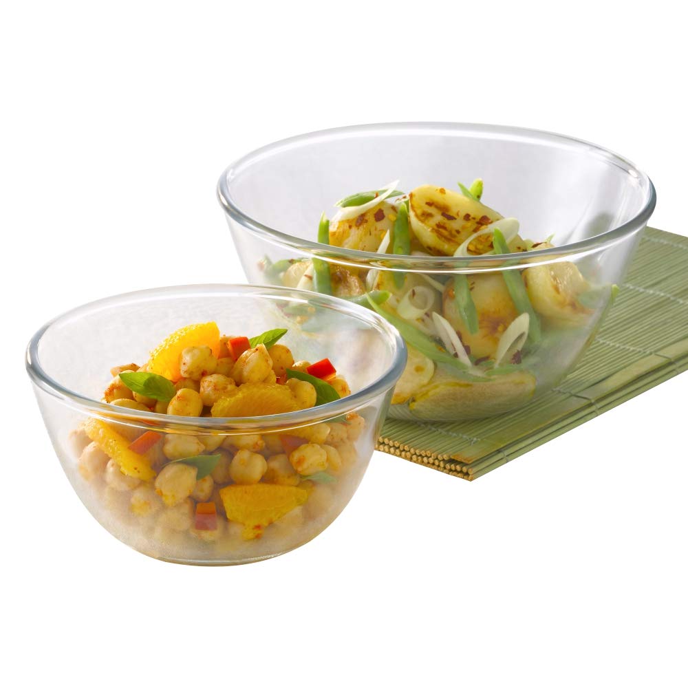 Serving & Mixing Bowl | Set of 2 (1.3 L + 2.5 L) | Borosilicate Glass Bowl for Kitchen & Dinning | Multipurpose Bowl for Mixing Dough, Salad, Batter, Pasta | Microwave & Dishwasher Safe