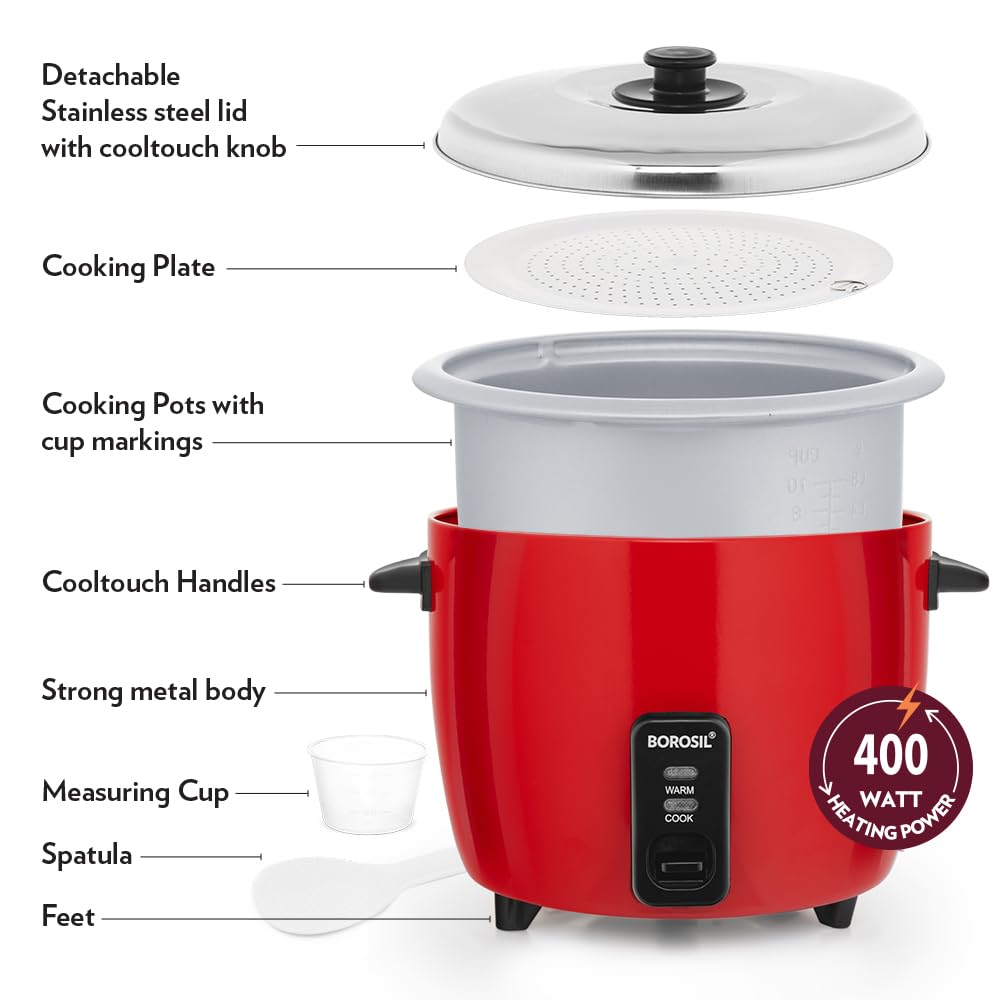 Pronto 1 L Electric Rice Cooker with Single Pot | 400W, Keep Warm Feature with Indicator Display, Anti Skid Rubber Feet | Cook & Boil Noodles, Rice, Upma, Idli, Dhokla