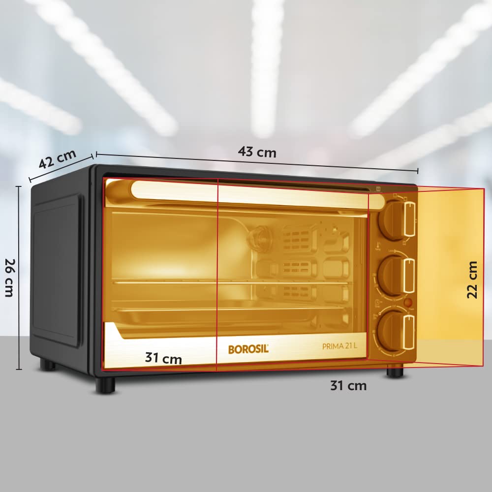 Borosil Prima 21 liter Oven Toaster & Grill, With Convection Heating, 5 Heating Modes, Heat Efficient Low E-Glass, Black, 1300 Watts