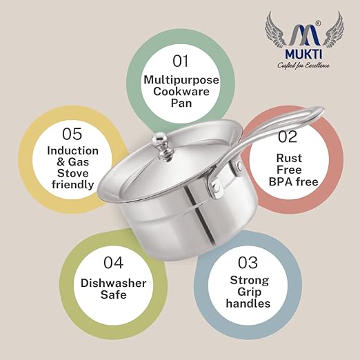 Mukti Stainless Steel Food Storage & Cooking|Heavy Bottom Tope & Pans|Tea Pan|Curry, Gravy, Biryani Pan|Pots, Patilas, Kadhai & Topes|Curry & Gravy Pan with Lid & Handle|800ml x 1pc (Copy)