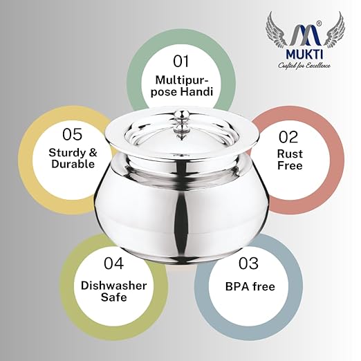 Mukti Stainless Steel Food Storage Handis & Cooking Pots|Curry Pots, Gravy, Rice Patilas, Biryani Kadhai & Topes|Khichdi King with Lid|2000ml x 1pc
