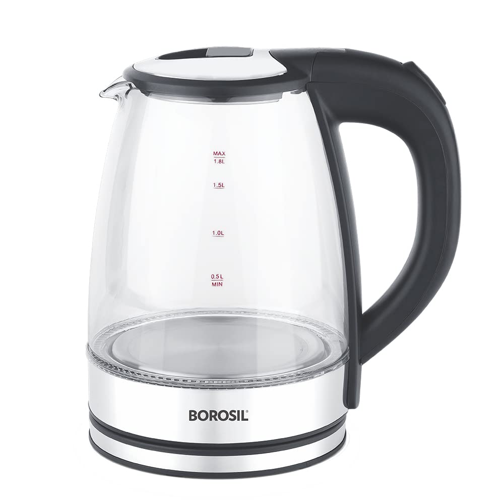 Electric Glass Kettle, Borosilicate Glass, Extra Long Cord, Dry-boil Protection, 360° Rotating Base, 1.8 L, Transparent