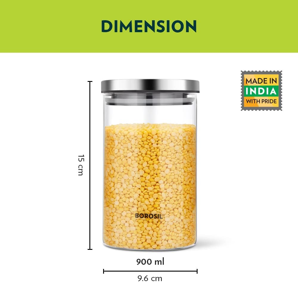 Borosil Classic Jar With Steel Lid 900 Ml, Clear, Bcljr960900, 1 Pc