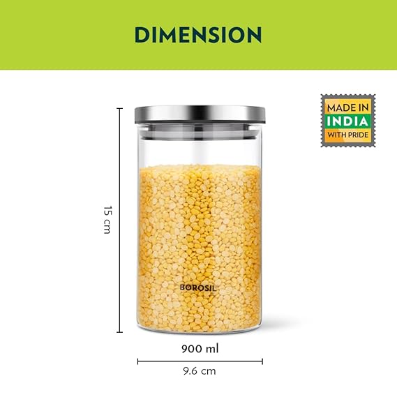Borosil Classic Glass Jar, Air-Tight Storage Container For Kitchen, Glass Jar For Storing Spices, Grains, Dals, 900 ml, Clear