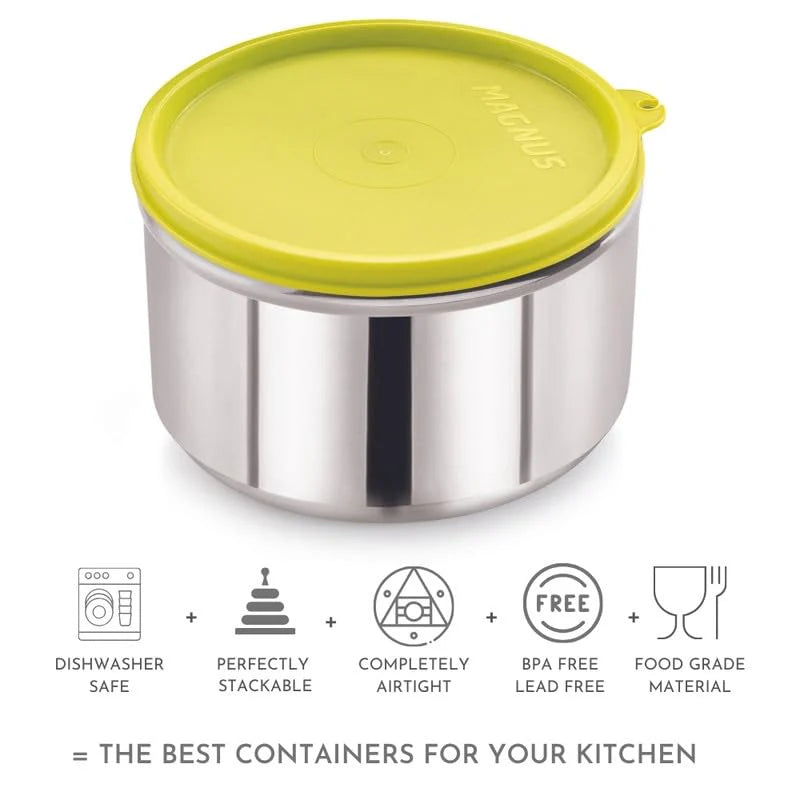 Steel Utility Container - 520 ml | Durable Food Storage Container in Silver & Green | Ideal for Snacks, Small Meals, Office, School & On-the-Go Use