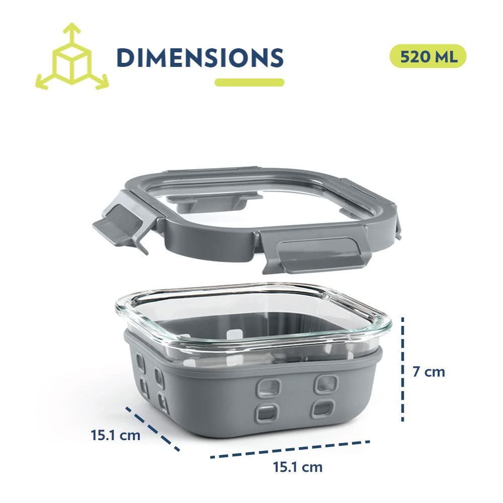 Borosil Klip N Store Plus 520 ml Square Glass Food Storage Container with Air Tight Glass Lid | Borosilicate Glass Container for Lunchbox | Microwave & Dishwasher Safe | Transparent
