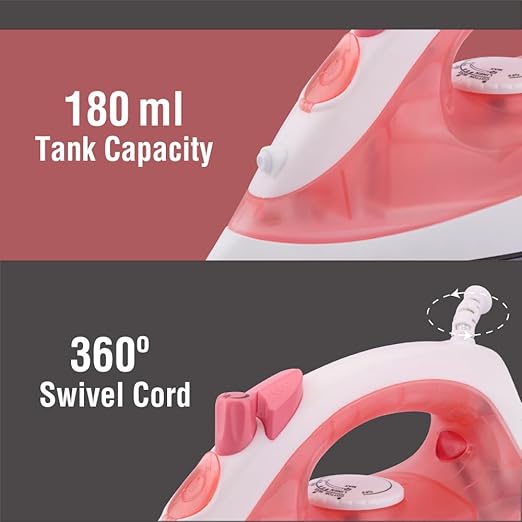Usha SI 3813 C 1300W Steam Iron with Ceramic Coated Sole Plate, Self Cleaning, 180ml Water Tank, 360° Swivel Cord, Spray & Steam Burst Function Pink