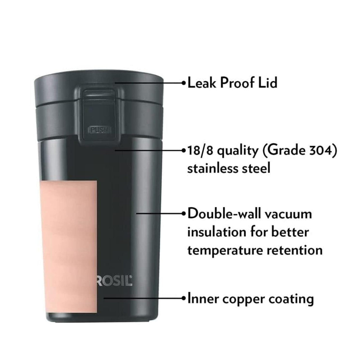 Coffeemate Insulated Mug 300ML Black | Leakproof Travel Mug with Touch Lid & Infuser | BT300BLK110