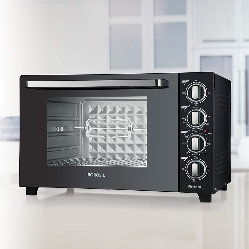 Borosil Prima 60 L Oven Toaster & Grill, Motorised Rotisserie & Convection Heating, 12 Heating Modes, Black