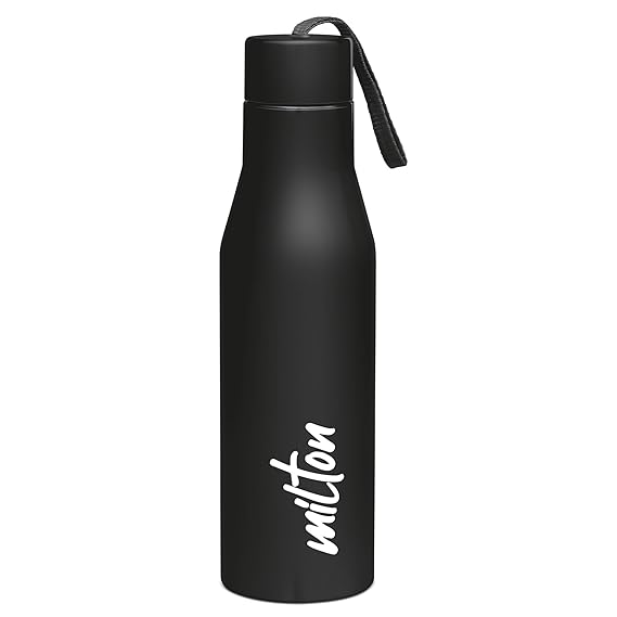 Milton Super 1000 Stainless Steel Water Bottle 1 ltr, Single Walled, ISI Certified I Leak Proof Lid, Rust Proof I For School, Office, Gym I Black