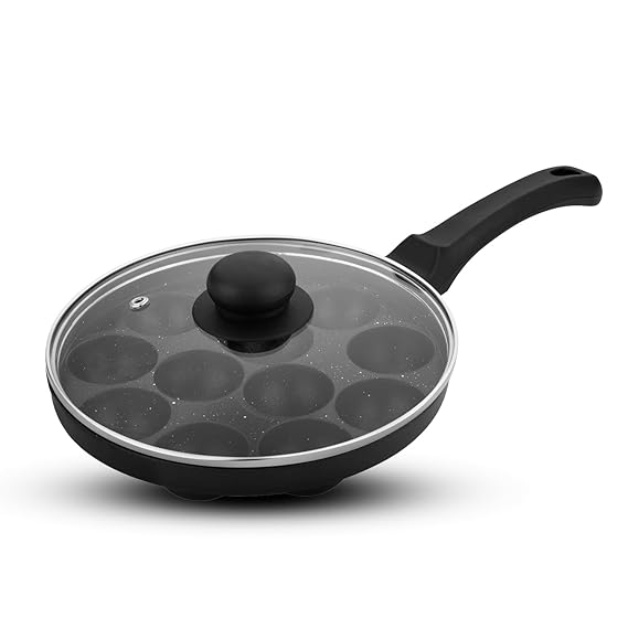 Senator Non Stick Paniyarakkal/Appampatra with Glass Lid, 12 Pits Gas Top Compatible Only, Black BGIN-2580