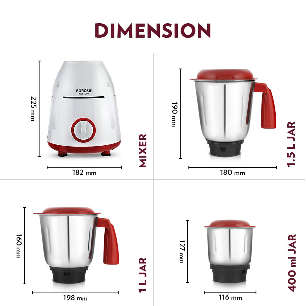 Borosil Best Mixer Grinder 500 W, 3 Jars