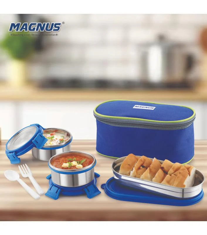Avanza 3 Deluxe Prime Lunch Box Set | Stainless Steel, Airtight, Leakproof | Ideal for Office Men, Women & Kids | Includes Roti Tiffin, Fork, Spoon & Insulated Carrying Bag