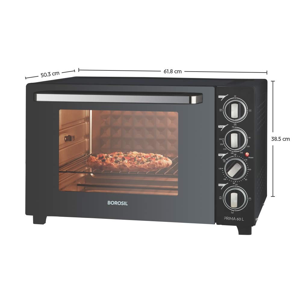 Borosil Prima 60 L Oven Toaster & Grill, Motorised Rotisserie & Convection Heating, 12 Heating Modes, Black