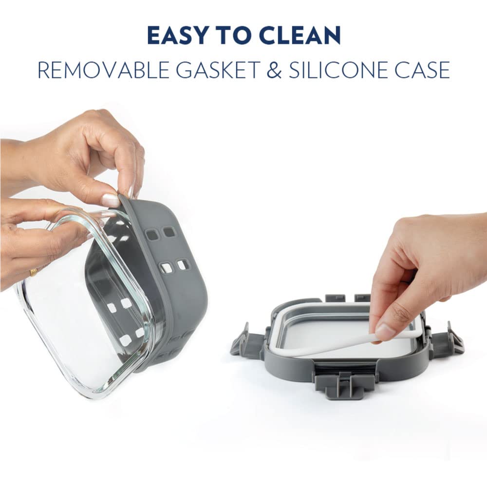 Borosil Klip N Store Plus 320 ml Square Glass Food Storage Container with Air Tight Glass Lid | Borosilicate Glass Container for Lunchbox | Microwave & Dishwasher Safe | Transparent