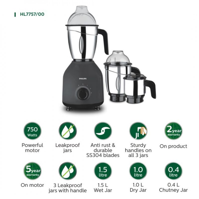 HL7757/00 750W Mixer Grinder with 3 Jars, Turbo Motor & Stainless Steel Blades - Overload Protection