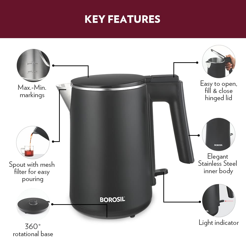 Cooltouch Electric Kettle, Stainless Steel Inner Body, Boil Water For Tea, Coffee, Soup, 1 L, Silver