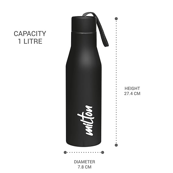 Milton Super 1000 Stainless Steel Water Bottle 1 ltr, Single Walled, ISI Certified I Leak Proof Lid, Rust Proof I For School, Office, Gym I Black