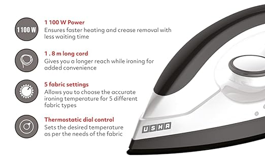 Usha 3302 1100-Watt Lightweight Dry Iron (White)