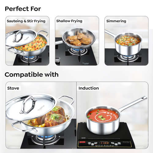 Tri-Ply Stainless Steel 3 Piece BYK Cookware Set| Fry Pan 24cm (1.7L), Kadai 24cm (2.7L) with SS Lid, Sauce Pan 16cm (1.5L)| Even Heat Distribution| Gas and Induction Compatible 38546