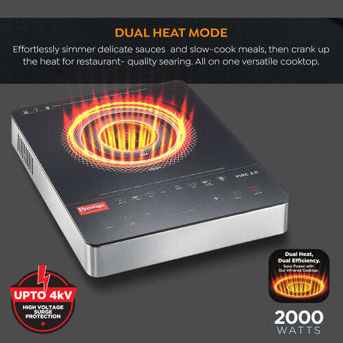 PIRC 2.0 2000 Watts Infrared Dual Heating Zone Cooktop | High Voltage Surge Protection | Dual Heat Mode | Radiant Heating Technology | Feather Touch Buttons | Stainless Steel | Portable